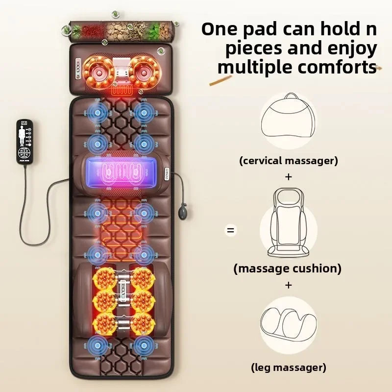 Massage mattress for neck back legs feet, and whole body; multi-functional home reclining chair cushion with electric massager.